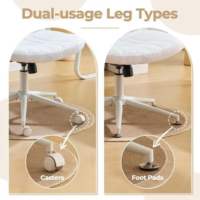 Alt view image 3 of 6 - Criss Cross Chair Armless Desk Chair with Wheels Cross Legged Office SwivelChair Wide Adjustable Comfy Padded Vanity Chair with Dual Purpose Base, Teddy Fleece White