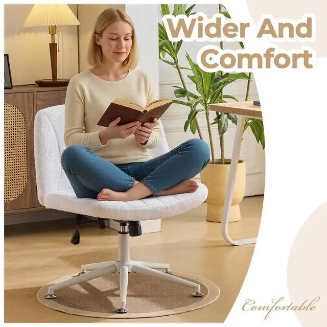 Alt view image 4 of 6 - Criss Cross Chair Armless Desk Chair with Wheels Cross Legged Office SwivelChair Wide Adjustable Comfy Padded Vanity Chair with Dual Purpose Base, Teddy Fleece White