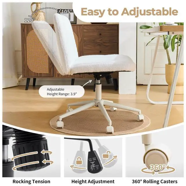 Alt view image 5 of 6 - Criss Cross Chair Armless Desk Chair with Wheels Cross Legged Office SwivelChair Wide Adjustable Comfy Padded Vanity Chair with Dual Purpose Base, Teddy Fleece White