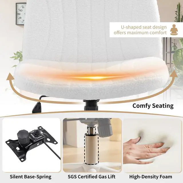 Alt view image 6 of 6 - Criss Cross Chair Armless Desk Chair with Wheels Cross Legged Office SwivelChair Wide Adjustable Comfy Padded Vanity Chair with Dual Purpose Base, Teddy Fleece White