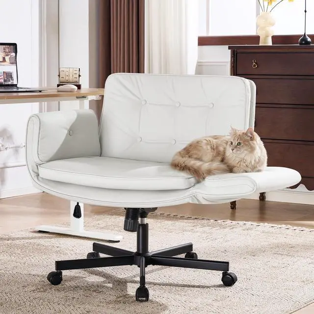 Main image of Criss Cross Chair with 5-Position Adjustable Arms, Pet-Friendly PU Leather Swivel Vanity Chair with Wheels, Comfortable Extra Wide Computer Desk Chair for Home Office, Bedroom, White