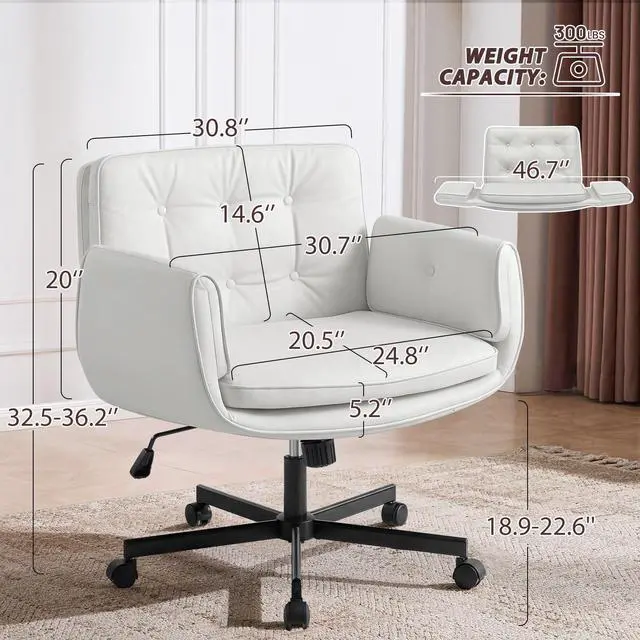Alt view image 2 of 6 - Criss Cross Chair with 5-Position Adjustable Arms, Pet-Friendly PU Leather Swivel Vanity Chair with Wheels, Comfortable Extra Wide Computer Desk Chair for Home Office, Bedroom, White