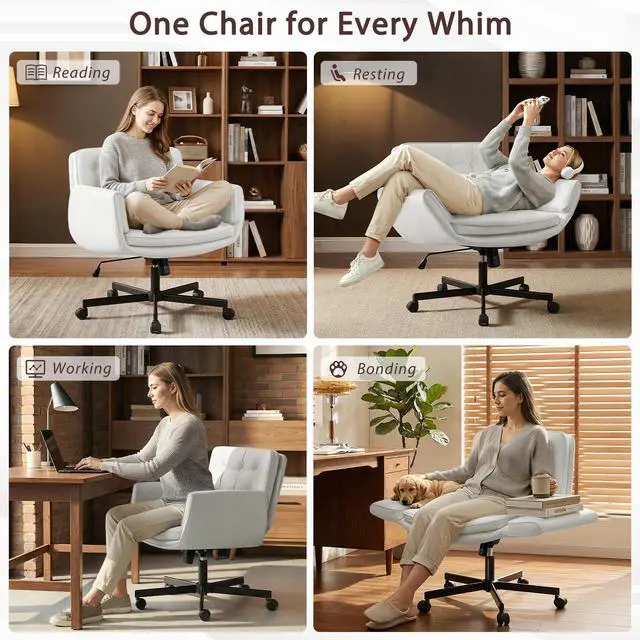 Alt view image 3 of 6 - Criss Cross Chair with 5-Position Adjustable Arms, Pet-Friendly PU Leather Swivel Vanity Chair with Wheels, Comfortable Extra Wide Computer Desk Chair for Home Office, Bedroom, White