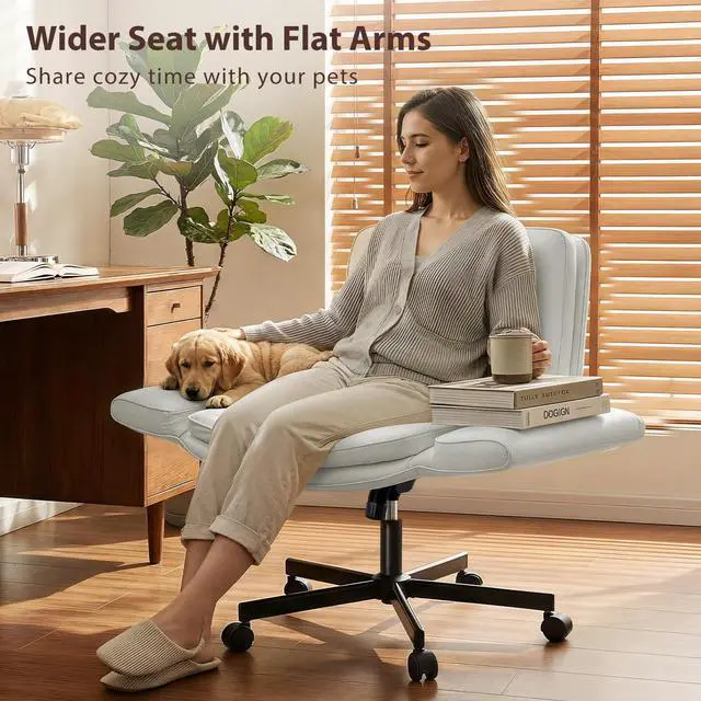Alt view image 4 of 6 - Criss Cross Chair with 5-Position Adjustable Arms, Pet-Friendly PU Leather Swivel Vanity Chair with Wheels, Comfortable Extra Wide Computer Desk Chair for Home Office, Bedroom, White