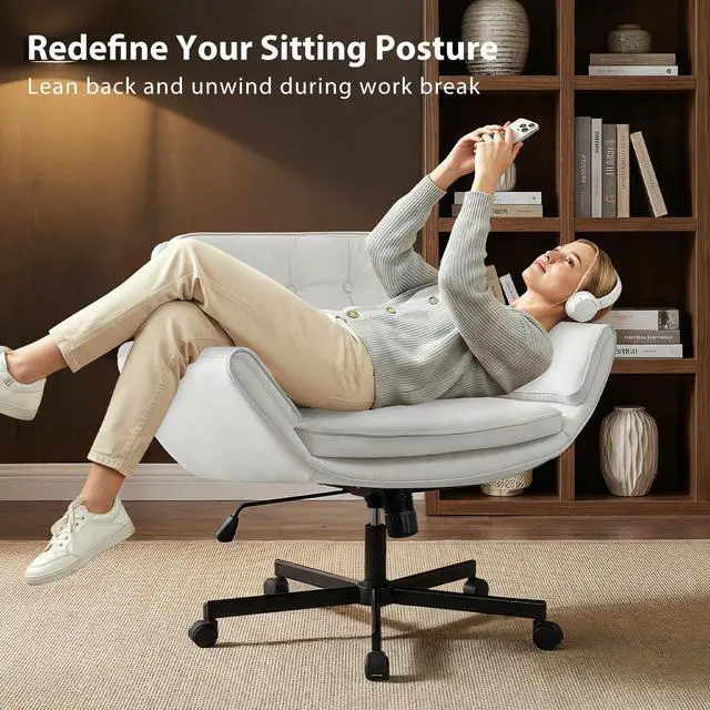 Alt view image 5 of 6 - Criss Cross Chair with 5-Position Adjustable Arms, Pet-Friendly PU Leather Swivel Vanity Chair with Wheels, Comfortable Extra Wide Computer Desk Chair for Home Office, Bedroom, White