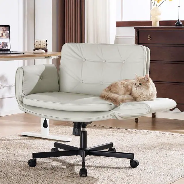 Main image of Criss Cross Chair with 5-Position Adjustable Arms, Pet-Friendly PU Leather Swivel Vanity Chair with Wheels, Comfortable Wide Computer Desk Chair for Home Office, Bedroom, Beige