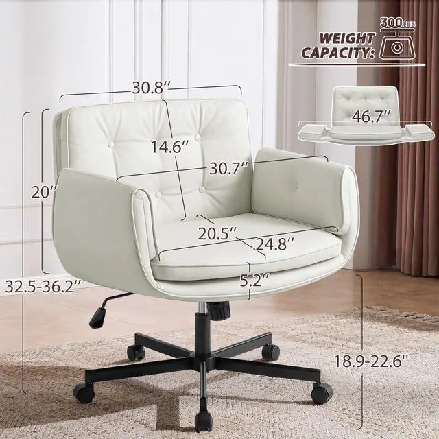 Alt view image 2 of 6 - Criss Cross Chair with 5-Position Adjustable Arms, Pet-Friendly PU Leather Swivel Vanity Chair with Wheels, Comfortable Wide Computer Desk Chair for Home Office, Bedroom, Beige