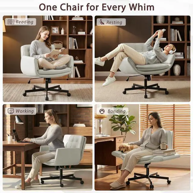 Alt view image 3 of 6 - Criss Cross Chair with 5-Position Adjustable Arms, Pet-Friendly PU Leather Swivel Vanity Chair with Wheels, Comfortable Wide Computer Desk Chair for Home Office, Bedroom, Beige