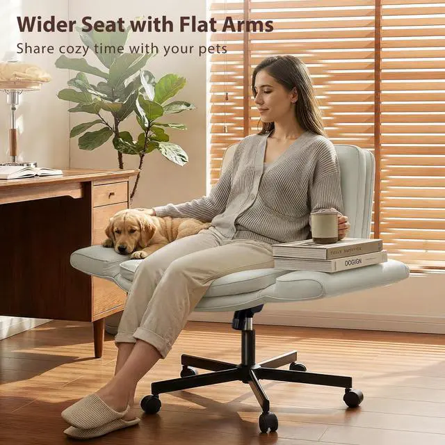 Alt view image 4 of 6 - Criss Cross Chair with 5-Position Adjustable Arms, Pet-Friendly PU Leather Swivel Vanity Chair with Wheels, Comfortable Wide Computer Desk Chair for Home Office, Bedroom, Beige