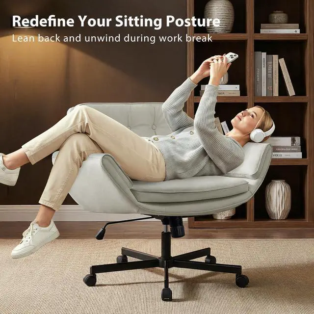 Alt view image 6 of 6 - Criss Cross Chair with 5-Position Adjustable Arms, Pet-Friendly PU Leather Swivel Vanity Chair with Wheels, Comfortable Wide Computer Desk Chair for Home Office, Bedroom, Beige