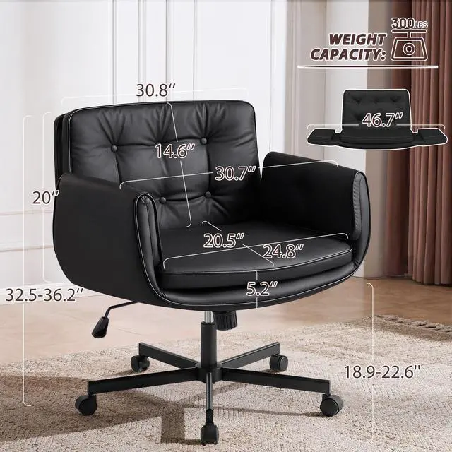 Alt view image 2 of 6 - Criss Cross Chair with 5-Position Adjustable Arms, Pet-Friendly PU Leather Swivel Vanity Chair with Wheels, Comfortable Extra Wide Computer Desk Chair for Home Office, Bedroom, Black