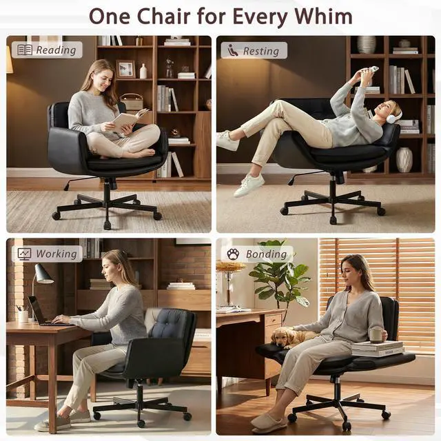 Alt view image 3 of 6 - Criss Cross Chair with 5-Position Adjustable Arms, Pet-Friendly PU Leather Swivel Vanity Chair with Wheels, Comfortable Extra Wide Computer Desk Chair for Home Office, Bedroom, Black