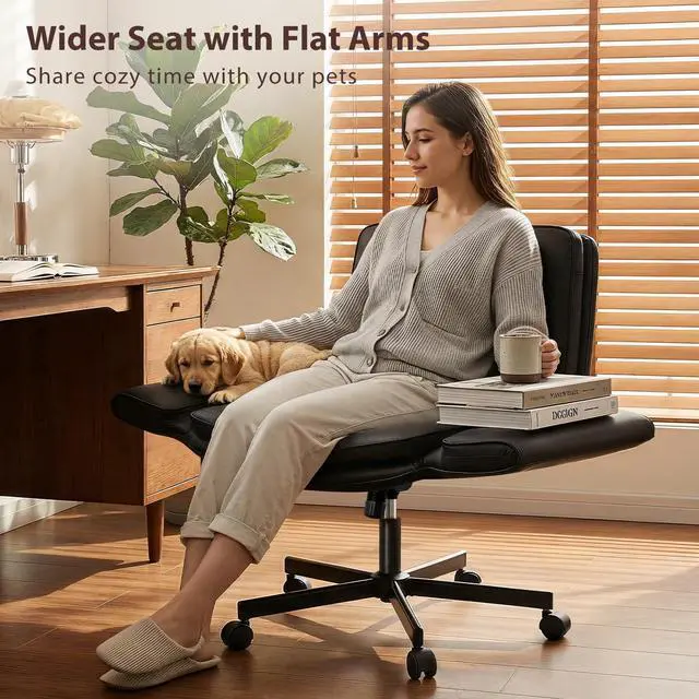 Alt view image 4 of 6 - Criss Cross Chair with 5-Position Adjustable Arms, Pet-Friendly PU Leather Swivel Vanity Chair with Wheels, Comfortable Extra Wide Computer Desk Chair for Home Office, Bedroom, Black