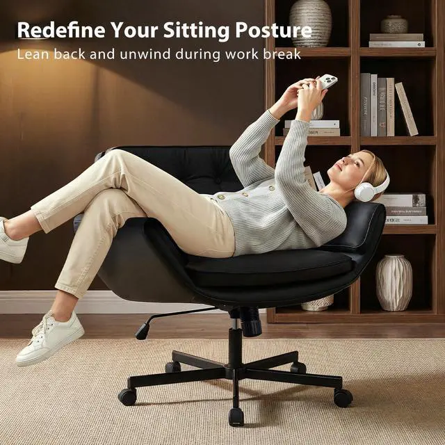 Alt view image 5 of 6 - Criss Cross Chair with 5-Position Adjustable Arms, Pet-Friendly PU Leather Swivel Vanity Chair with Wheels, Comfortable Extra Wide Computer Desk Chair for Home Office, Bedroom, Black