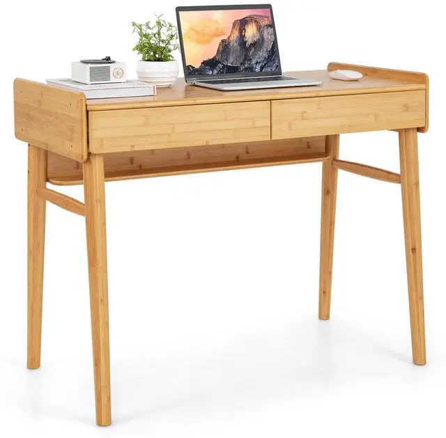 Main image of Bamboo Mid Century Desk with 2 Storage Drawers, Home Office Study Writing Desk with Shelf & Cable Management Groove, Home Office Desk for Working & Learning (Natural)