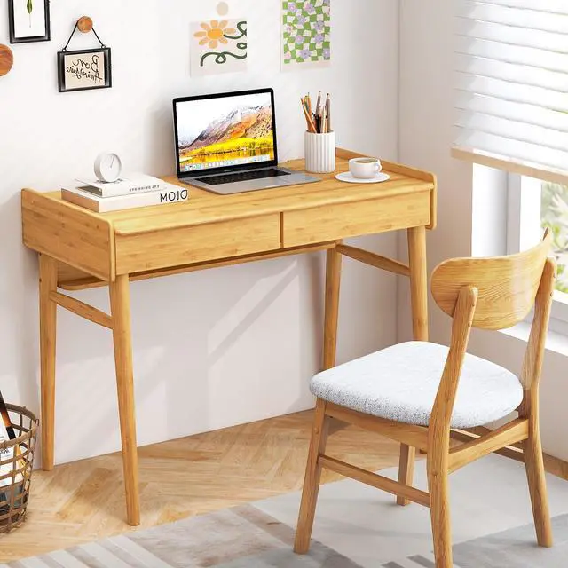 Alt view image 2 of 6 - Bamboo Mid Century Desk with 2 Storage Drawers, Home Office Study Writing Desk with Shelf & Cable Management Groove, Home Office Desk for Working & Learning (Natural)