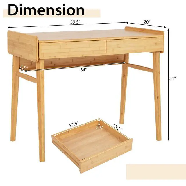 Alt view image 3 of 6 - Bamboo Mid Century Desk with 2 Storage Drawers, Home Office Study Writing Desk with Shelf & Cable Management Groove, Home Office Desk for Working & Learning (Natural)