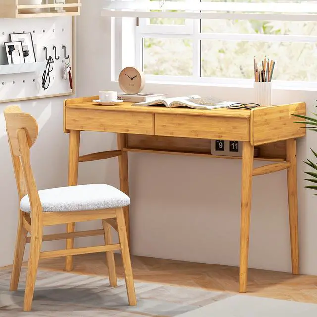 Alt view image 4 of 6 - Bamboo Mid Century Desk with 2 Storage Drawers, Home Office Study Writing Desk with Shelf & Cable Management Groove, Home Office Desk for Working & Learning (Natural)