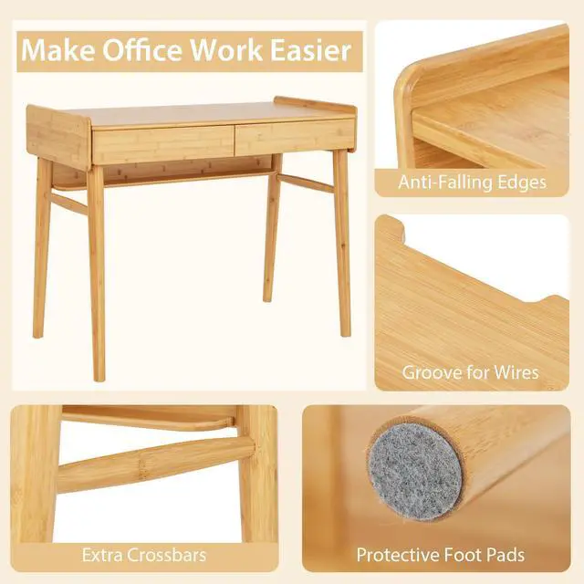 Alt view image 5 of 6 - Bamboo Mid Century Desk with 2 Storage Drawers, Home Office Study Writing Desk with Shelf & Cable Management Groove, Home Office Desk for Working & Learning (Natural)