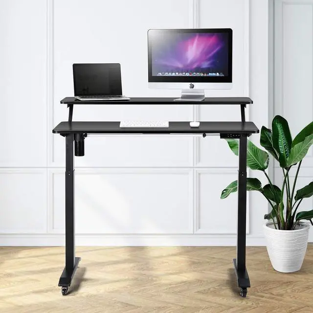 Alt view image 3 of 6 - Electric Height Adjustable 2-Tier Raising Desk with Wheels, Mobile Standing Desk with Monitor Stand, Ergonomic Adjustable Computer Table, Electric Standing Game Table for Home Office