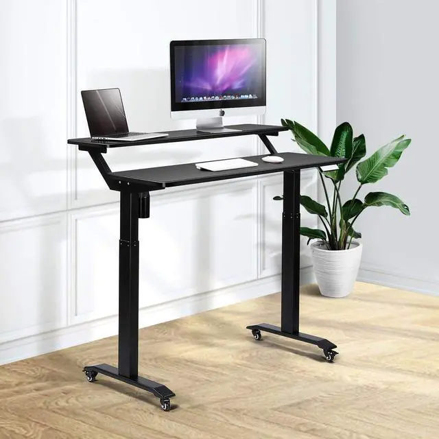 Alt view image 4 of 6 - Electric Height Adjustable 2-Tier Raising Desk with Wheels, Mobile Standing Desk with Monitor Stand, Ergonomic Adjustable Computer Table, Electric Standing Game Table for Home Office