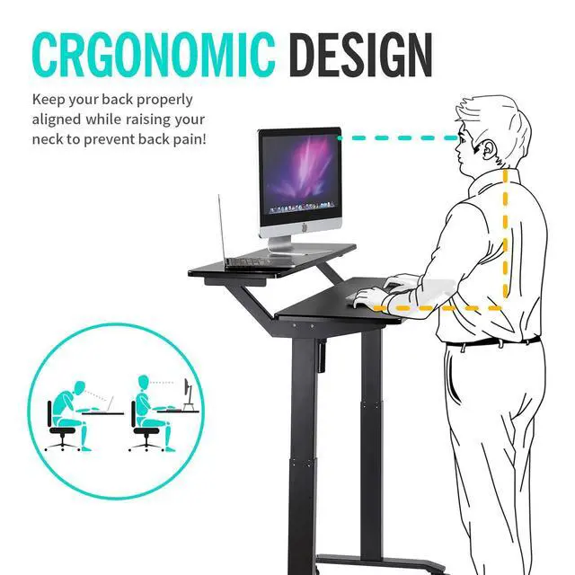Alt view image 5 of 6 - Electric Height Adjustable 2-Tier Raising Desk with Wheels, Mobile Standing Desk with Monitor Stand, Ergonomic Adjustable Computer Table, Electric Standing Game Table for Home Office