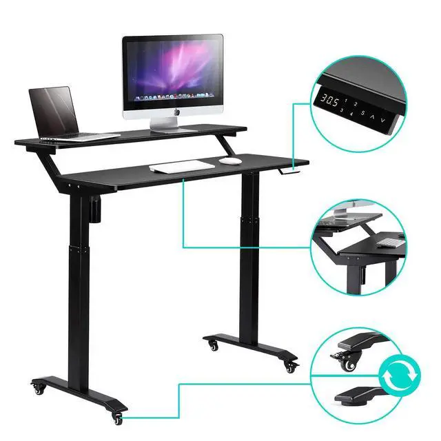 Alt view image 6 of 6 - Electric Height Adjustable 2-Tier Raising Desk with Wheels, Mobile Standing Desk with Monitor Stand, Ergonomic Adjustable Computer Table, Electric Standing Game Table for Home Office
