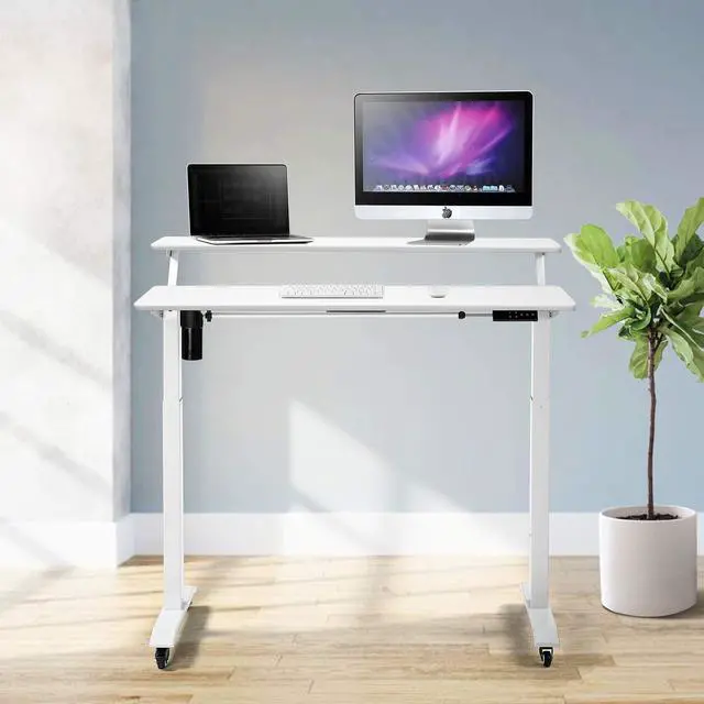 Alt view image 2 of 6 - Electric Height Adjustable 2-Tier Raising Desk with Wheels, Mobile Standing Desk with Monitor Stand, Ergonomic Adjustable Computer Table, Electric Standing Game Table for Home Office