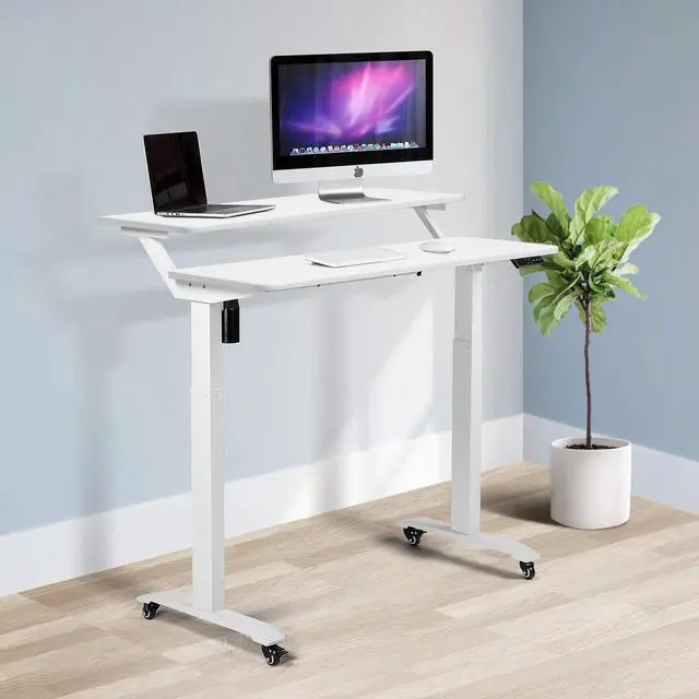 Alt view image 3 of 6 - Electric Height Adjustable 2-Tier Raising Desk with Wheels, Mobile Standing Desk with Monitor Stand, Ergonomic Adjustable Computer Table, Electric Standing Game Table for Home Office