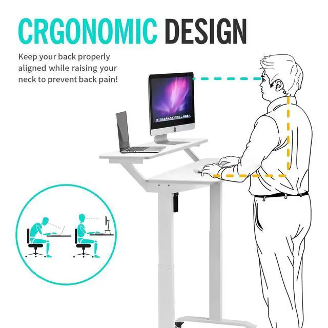 Alt view image 4 of 6 - Electric Height Adjustable 2-Tier Raising Desk with Wheels, Mobile Standing Desk with Monitor Stand, Ergonomic Adjustable Computer Table, Electric Standing Game Table for Home Office