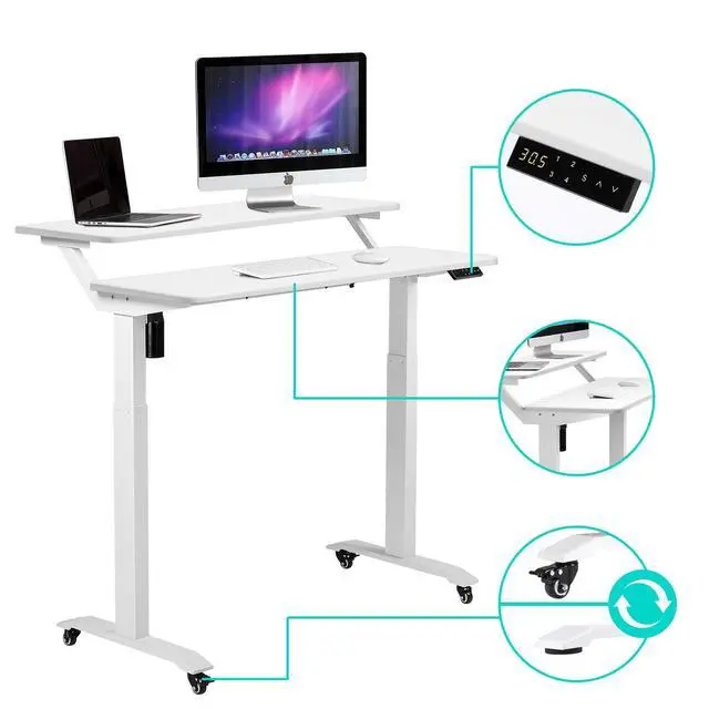 Alt view image 5 of 6 - Electric Height Adjustable 2-Tier Raising Desk with Wheels, Mobile Standing Desk with Monitor Stand, Ergonomic Adjustable Computer Table, Electric Standing Game Table for Home Office