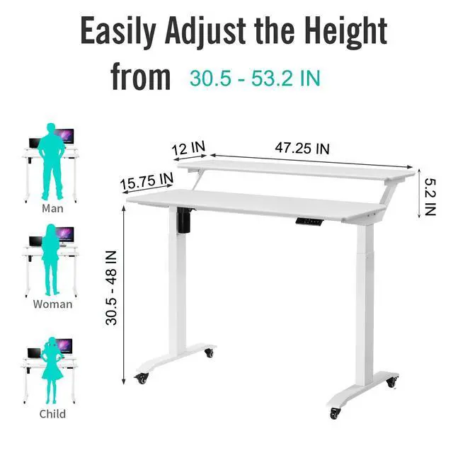 Alt view image 6 of 6 - Electric Height Adjustable 2-Tier Raising Desk with Wheels, Mobile Standing Desk with Monitor Stand, Ergonomic Adjustable Computer Table, Electric Standing Game Table for Home Office