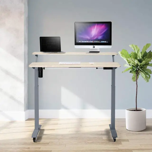 Alt view image 2 of 6 - Electric Height Adjustable 2-Tier Raising Desk with Wheels, Mobile Standing Desk with Monitor Stand, Ergonomic Adjustable Computer Table, Electric Standing Game Table for Home Office