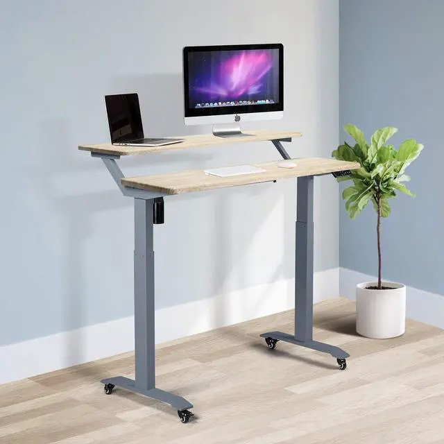 Alt view image 3 of 6 - Electric Height Adjustable 2-Tier Raising Desk with Wheels, Mobile Standing Desk with Monitor Stand, Ergonomic Adjustable Computer Table, Electric Standing Game Table for Home Office