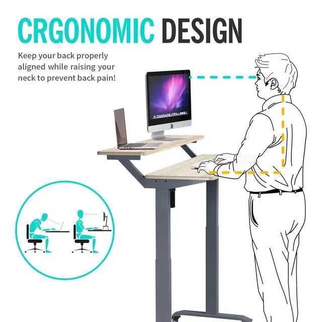 Alt view image 4 of 6 - Electric Height Adjustable 2-Tier Raising Desk with Wheels, Mobile Standing Desk with Monitor Stand, Ergonomic Adjustable Computer Table, Electric Standing Game Table for Home Office