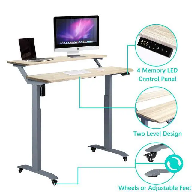 Alt view image 5 of 6 - Electric Height Adjustable 2-Tier Raising Desk with Wheels, Mobile Standing Desk with Monitor Stand, Ergonomic Adjustable Computer Table, Electric Standing Game Table for Home Office
