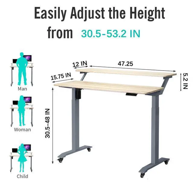 Alt view image 6 of 6 - Electric Height Adjustable 2-Tier Raising Desk with Wheels, Mobile Standing Desk with Monitor Stand, Ergonomic Adjustable Computer Table, Electric Standing Game Table for Home Office