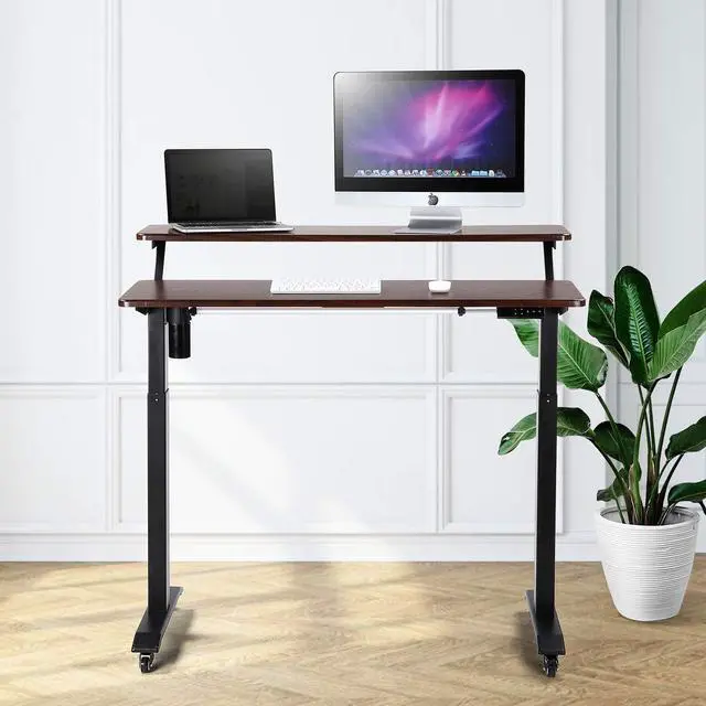 Alt view image 3 of 6 - Electric Height Adjustable 2-Tier Raising Desk with Wheels, Mobile Standing Desk with Monitor Stand, Ergonomic Adjustable Computer Table, Electric Standing Game Table for Home Office