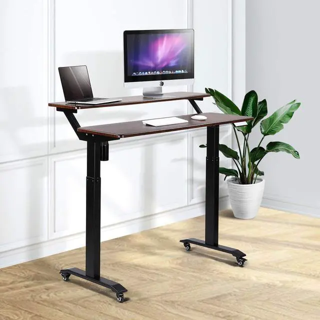 Alt view image 4 of 6 - Electric Height Adjustable 2-Tier Raising Desk with Wheels, Mobile Standing Desk with Monitor Stand, Ergonomic Adjustable Computer Table, Electric Standing Game Table for Home Office