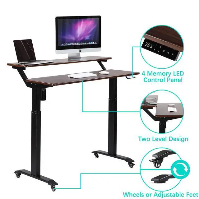 Alt view image 6 of 6 - Electric Height Adjustable 2-Tier Raising Desk with Wheels, Mobile Standing Desk with Monitor Stand, Ergonomic Adjustable Computer Table, Electric Standing Game Table for Home Office