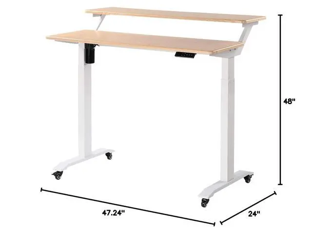 Alt view image 2 of 6 - Electric Height Adjustable 2-Tier Raising Desk with Wheels, Mobile Standing Desk with Monitor Stand, Ergonomic Adjustable Computer Table, Electric Standing Game Table for Home Office