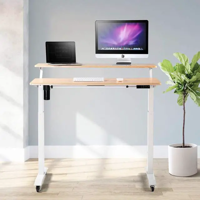 Alt view image 3 of 6 - Electric Height Adjustable 2-Tier Raising Desk with Wheels, Mobile Standing Desk with Monitor Stand, Ergonomic Adjustable Computer Table, Electric Standing Game Table for Home Office