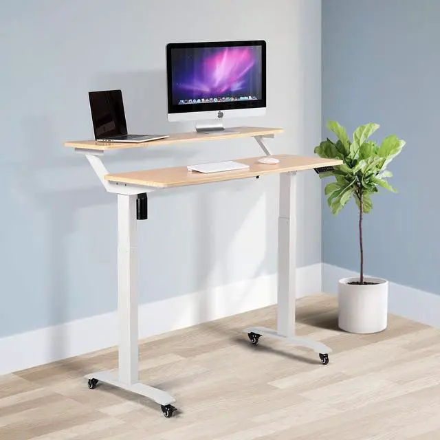 Alt view image 4 of 6 - Electric Height Adjustable 2-Tier Raising Desk with Wheels, Mobile Standing Desk with Monitor Stand, Ergonomic Adjustable Computer Table, Electric Standing Game Table for Home Office