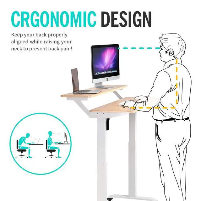 Alt view image 5 of 6 - Electric Height Adjustable 2-Tier Raising Desk with Wheels, Mobile Standing Desk with Monitor Stand, Ergonomic Adjustable Computer Table, Electric Standing Game Table for Home Office