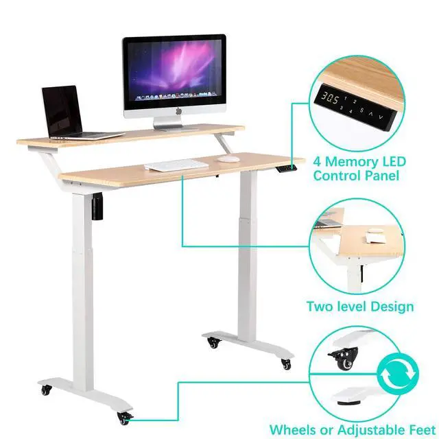 Alt view image 6 of 6 - Electric Height Adjustable 2-Tier Raising Desk with Wheels, Mobile Standing Desk with Monitor Stand, Ergonomic Adjustable Computer Table, Electric Standing Game Table for Home Office