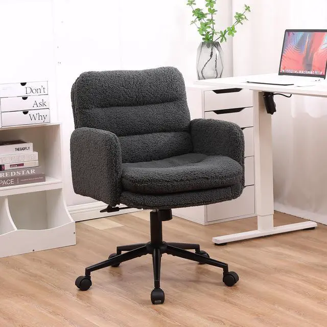 Alt view image 2 of 6 - Upholstered Home Office Chair, Faux Cashmere Modern Mid Back Computer Desk Chair with Wheels, Ergonomic, Adjustable Height, Grey