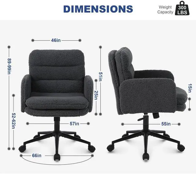 Alt view image 3 of 6 - Upholstered Home Office Chair, Faux Cashmere Modern Mid Back Computer Desk Chair with Wheels, Ergonomic, Adjustable Height, Grey