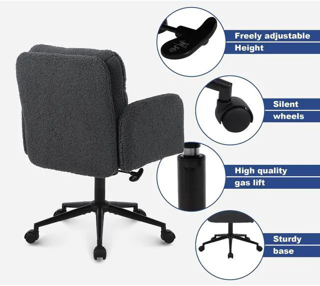 Alt view image 4 of 6 - Upholstered Home Office Chair, Faux Cashmere Modern Mid Back Computer Desk Chair with Wheels, Ergonomic, Adjustable Height, Grey