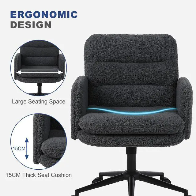 Alt view image 5 of 6 - Upholstered Home Office Chair, Faux Cashmere Modern Mid Back Computer Desk Chair with Wheels, Ergonomic, Adjustable Height, Grey