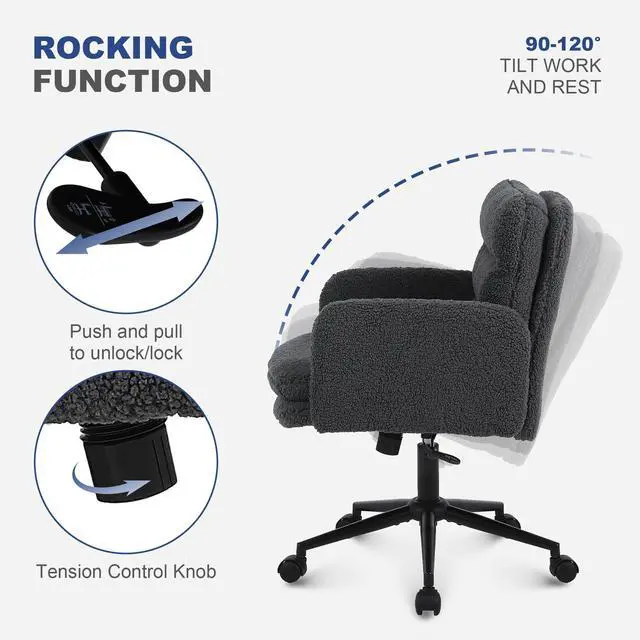 Alt view image 6 of 6 - Upholstered Home Office Chair, Faux Cashmere Modern Mid Back Computer Desk Chair with Wheels, Ergonomic, Adjustable Height, Grey